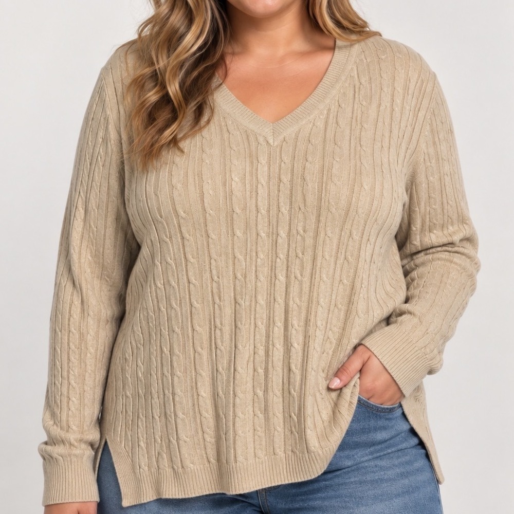 Women XL 100% Cotton Fisherman Cable Knit Sweater Oatmeal V Neck Granola Coastal